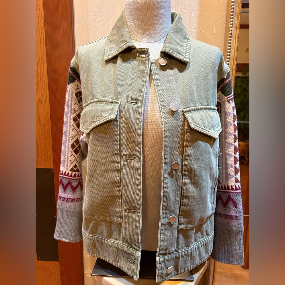 Pilcro Olive Utility Jacket with Patterned Knit  Sleeves
